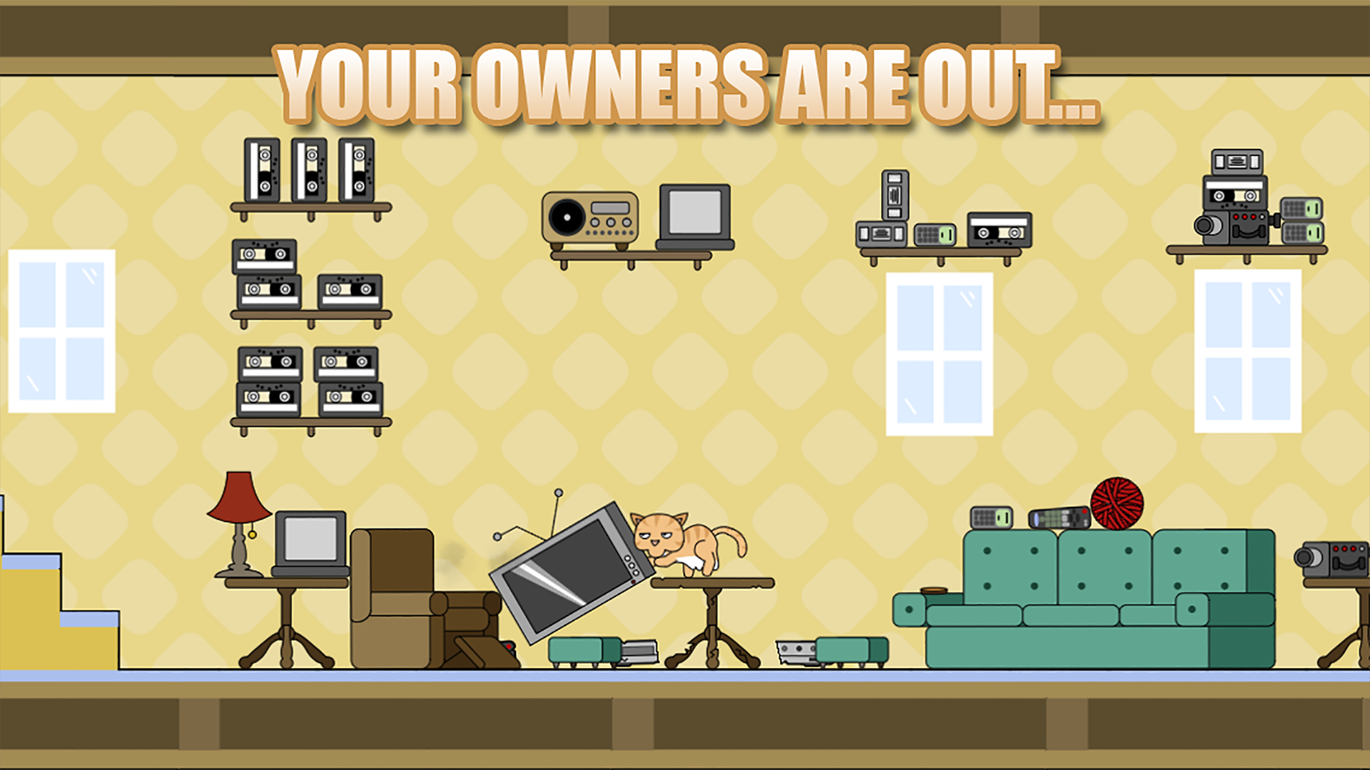 A playful depiction of Clumsy Cat exploring a colorful game level ready for fun